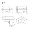 Technische tekening van een L-vormig bureau met afmetingen in millimeters. De afbeelding toont een voor-, zij- en bovenaanzicht en een 3D-perspectief. Vakken en handgrepen zijn zichtbaar op beide bureausecties. Linksboven staat het label "O7".