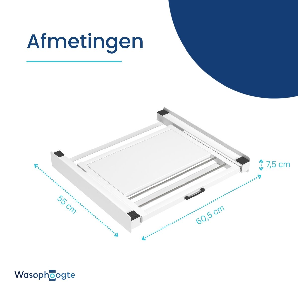 Afbeelding van een rechthoekige witte lade met afmetingen: breedte 60,5 cm, diepte 55 cm en hoogte 7,5 cm. Het woord Afmetingen staat erboven.